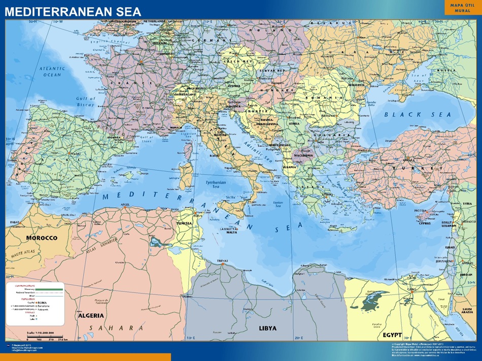 Mapa Mar Mediterraneo gigante. Mapas grandes para Chile y América