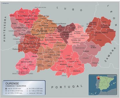 Mapa Ourense por municipios gigante. Mapas grandes para Chile y América