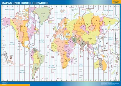 Mapamundi Husos Horarios gigante. Mapas grandes para Chile y América